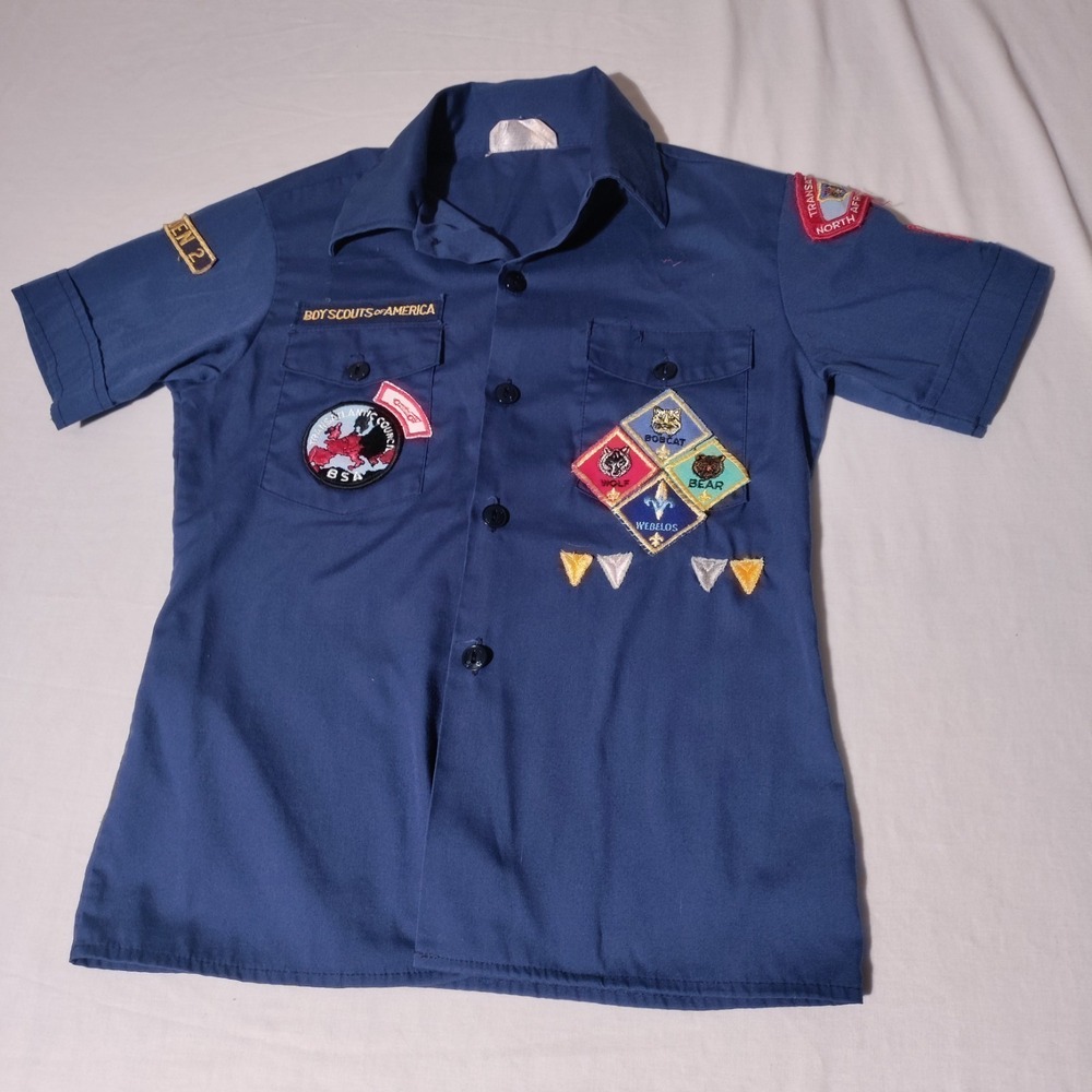 Cub Scouts Shirt w/ Patches Wolf Bear Bobcat Webelos Transatlantic Council Sz 12